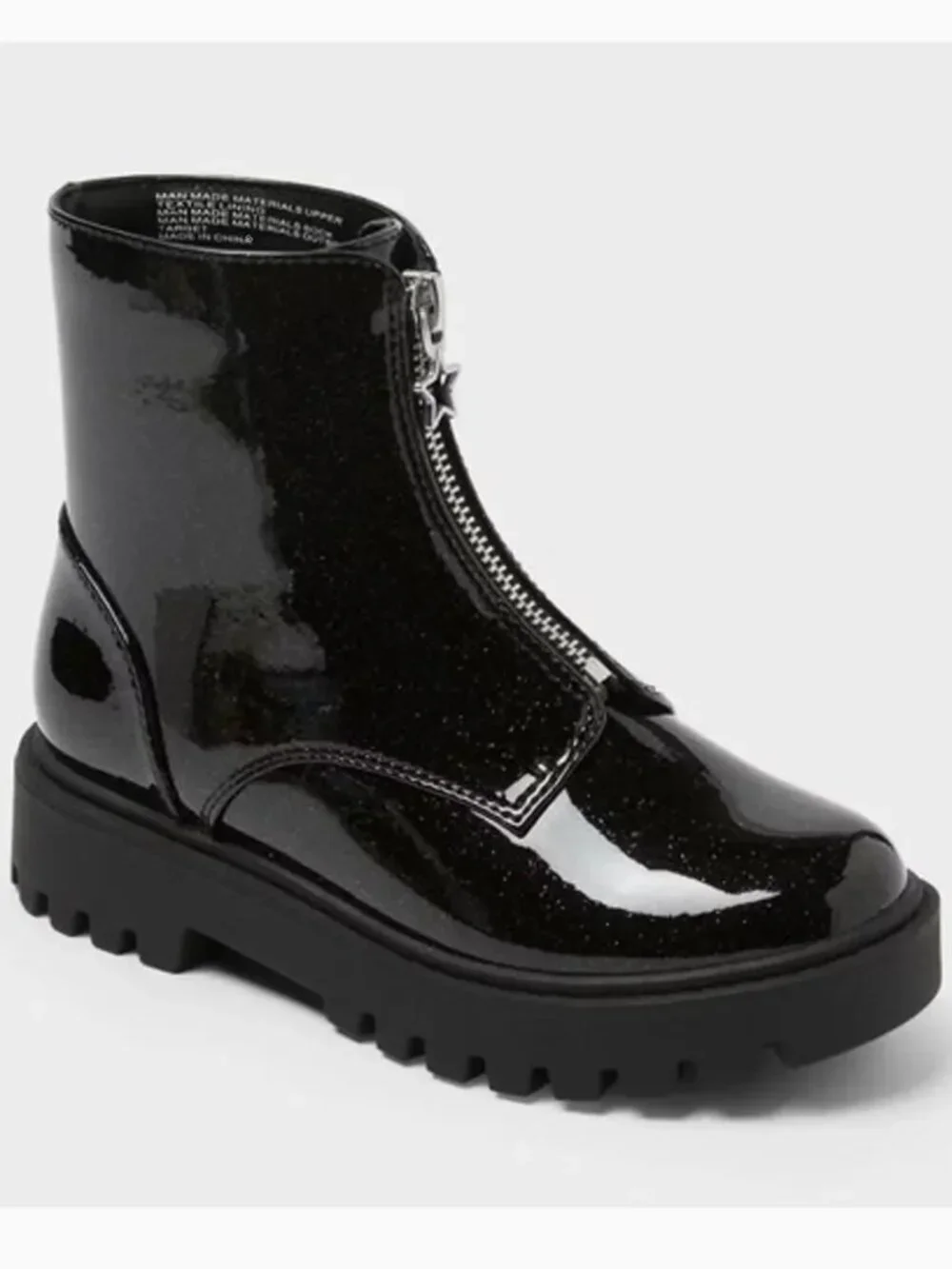 Girls Black Patent Combat Boots Lug Sole Size 5 Big Kids Art Class Myra New